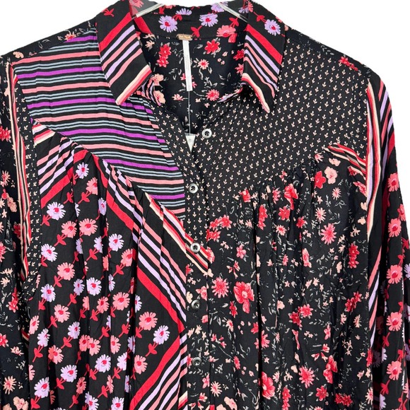 Free People Hazel Buttondown Top Medium New Black Floral Stripe Mixed Print Boho - Picture 4 of 7